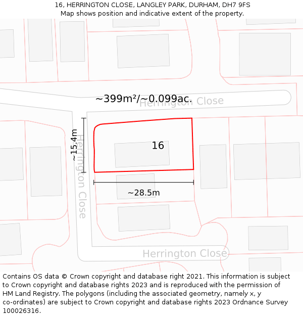 16, HERRINGTON CLOSE, LANGLEY PARK, DURHAM, DH7 9FS: Plot and title map