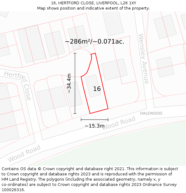 16, HERTFORD CLOSE, LIVERPOOL, L26 1XY: Plot and title map