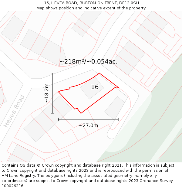 16, HEVEA ROAD, BURTON-ON-TRENT, DE13 0SH: Plot and title map