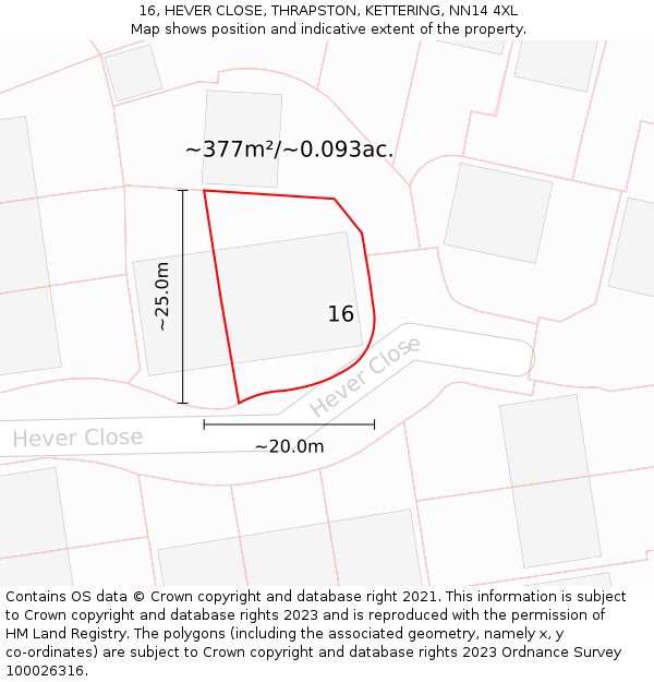 16, HEVER CLOSE, THRAPSTON, KETTERING, NN14 4XL: Plot and title map