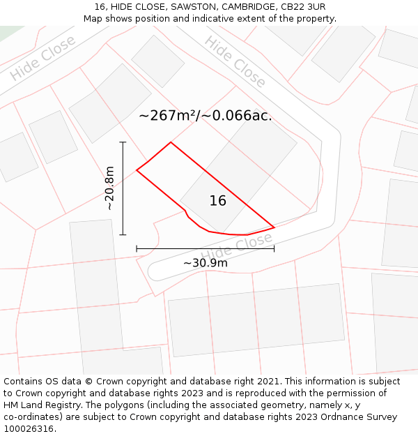 16, HIDE CLOSE, SAWSTON, CAMBRIDGE, CB22 3UR: Plot and title map