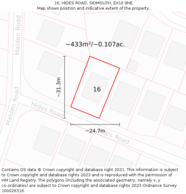 16, HIDES ROAD, SIDMOUTH, EX10 9NE: Plot and title map