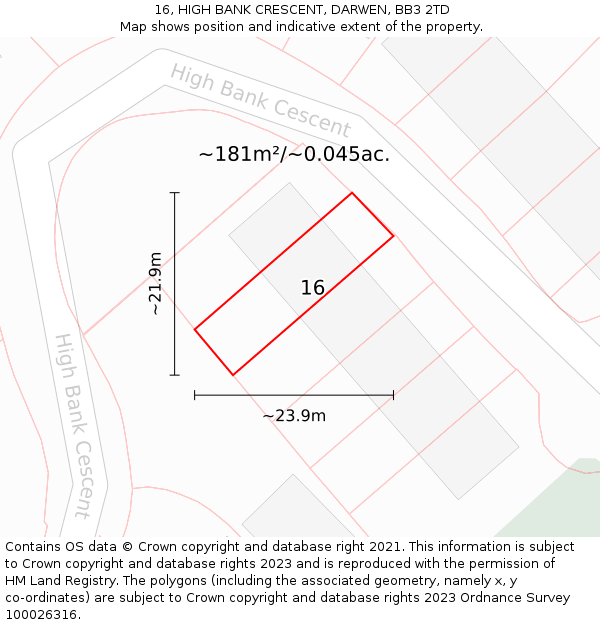 16, HIGH BANK CRESCENT, DARWEN, BB3 2TD: Plot and title map