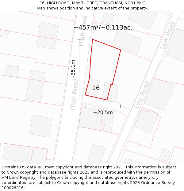 16, HIGH ROAD, MANTHORPE, GRANTHAM, NG31 8NG: Plot and title map