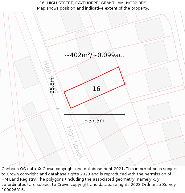 16, HIGH STREET, CAYTHORPE, GRANTHAM, NG32 3BS: Plot and title map