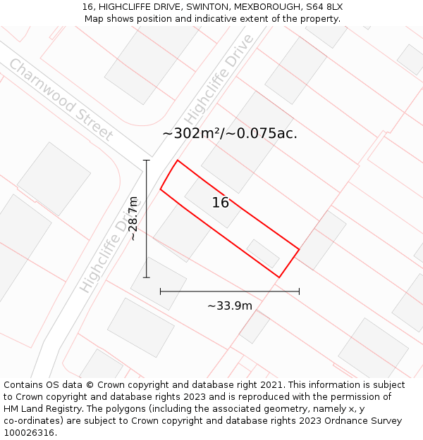 16, HIGHCLIFFE DRIVE, SWINTON, MEXBOROUGH, S64 8LX: Plot and title map