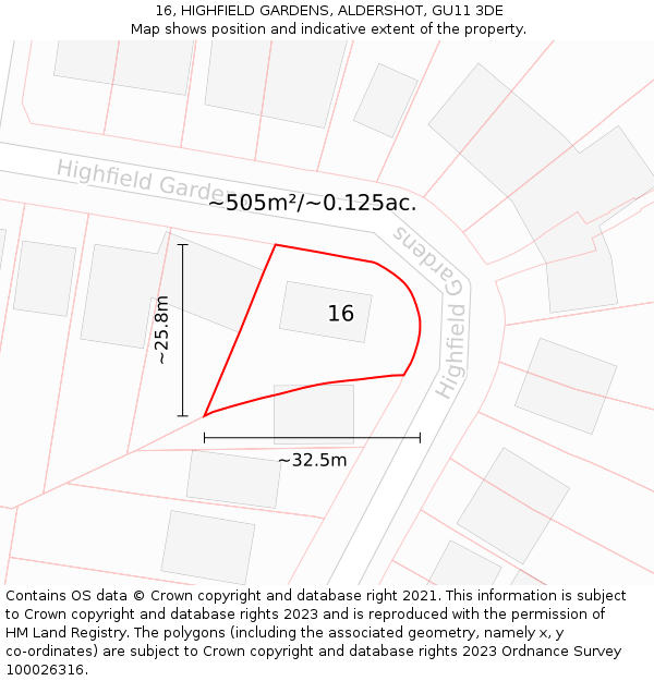 16, HIGHFIELD GARDENS, ALDERSHOT, GU11 3DE: Plot and title map