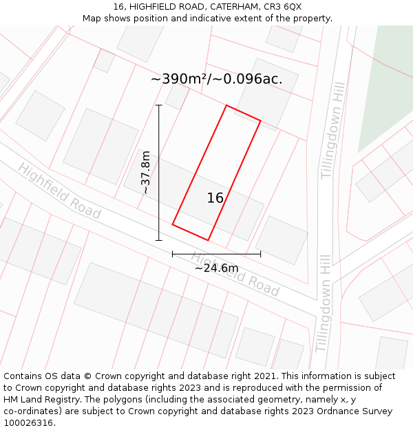 16, HIGHFIELD ROAD, CATERHAM, CR3 6QX: Plot and title map