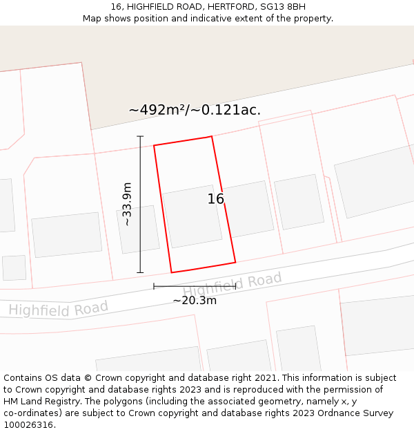 16, HIGHFIELD ROAD, HERTFORD, SG13 8BH: Plot and title map