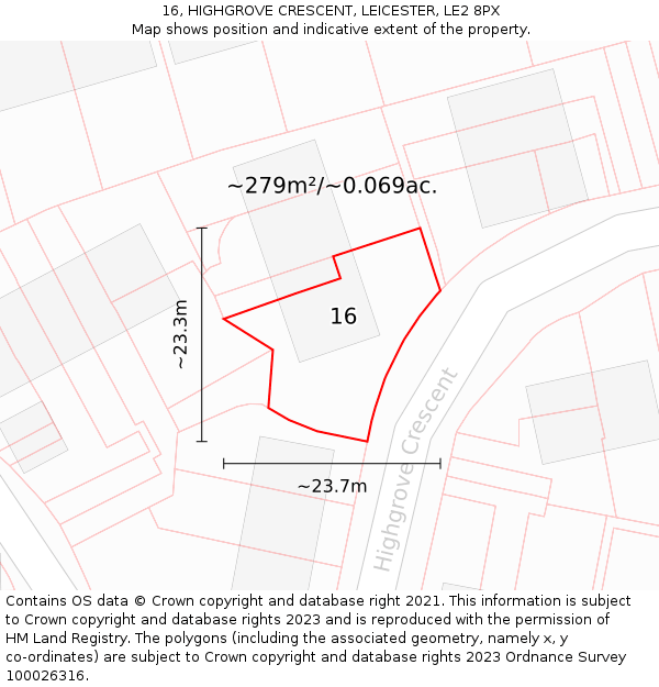 16, HIGHGROVE CRESCENT, LEICESTER, LE2 8PX: Plot and title map