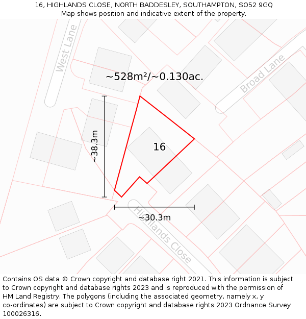 16, HIGHLANDS CLOSE, NORTH BADDESLEY, SOUTHAMPTON, SO52 9GQ: Plot and title map