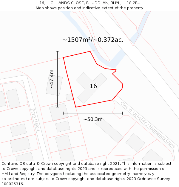 16, HIGHLANDS CLOSE, RHUDDLAN, RHYL, LL18 2RU: Plot and title map