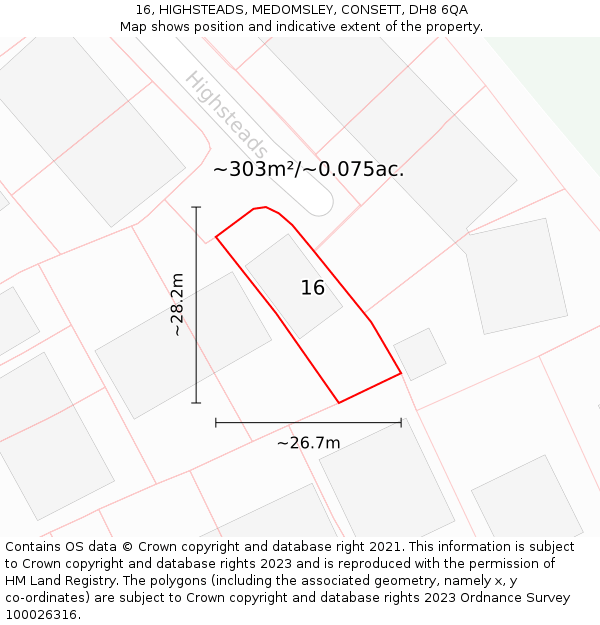 16, HIGHSTEADS, MEDOMSLEY, CONSETT, DH8 6QA: Plot and title map