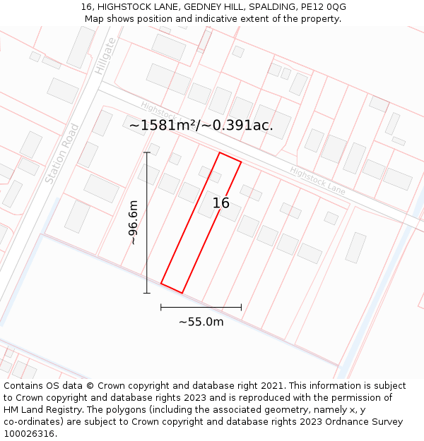 16, HIGHSTOCK LANE, GEDNEY HILL, SPALDING, PE12 0QG: Plot and title map