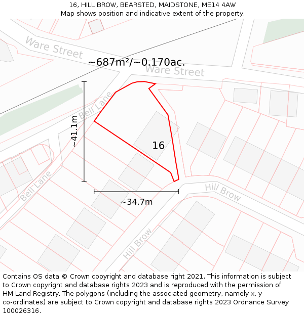 16, HILL BROW, BEARSTED, MAIDSTONE, ME14 4AW: Plot and title map