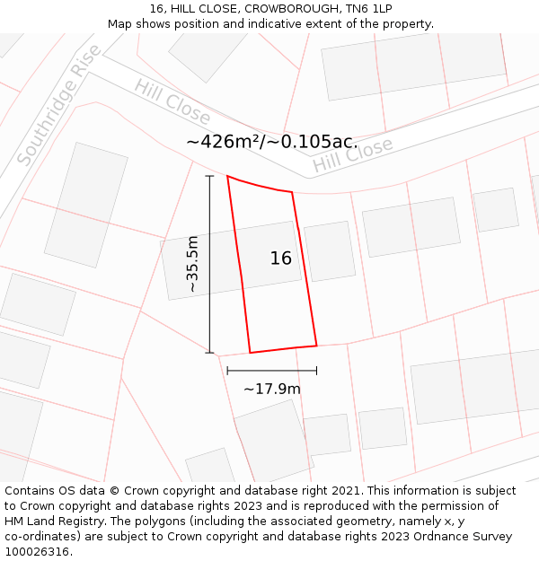 16, HILL CLOSE, CROWBOROUGH, TN6 1LP: Plot and title map