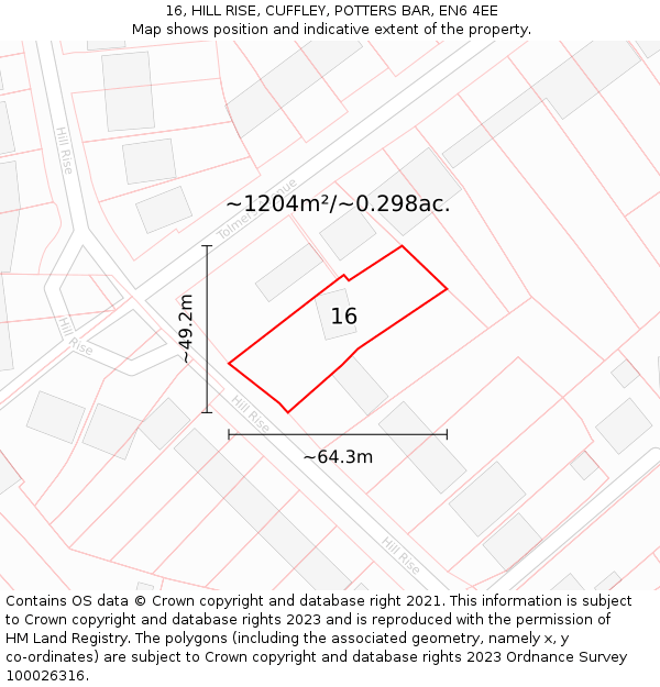 16, HILL RISE, CUFFLEY, POTTERS BAR, EN6 4EE: Plot and title map