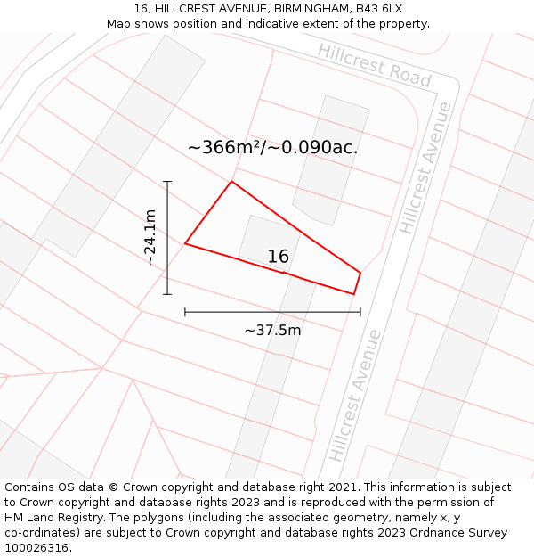 16, HILLCREST AVENUE, BIRMINGHAM, B43 6LX: Plot and title map