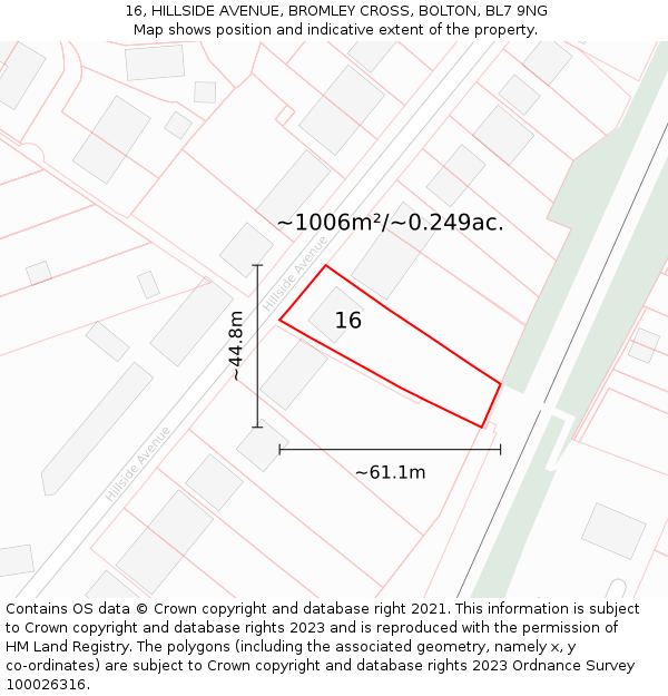 16, HILLSIDE AVENUE, BROMLEY CROSS, BOLTON, BL7 9NG: Plot and title map