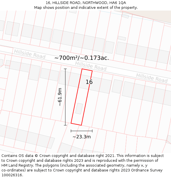 16, HILLSIDE ROAD, NORTHWOOD, HA6 1QA: Plot and title map