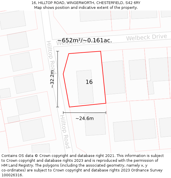 16, HILLTOP ROAD, WINGERWORTH, CHESTERFIELD, S42 6RY: Plot and title map