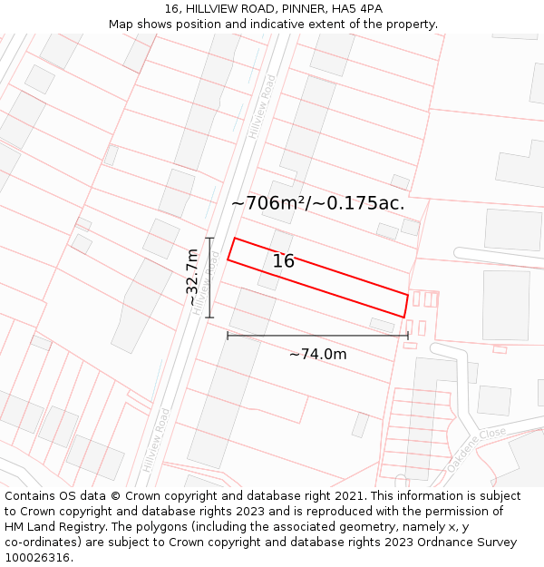 16, HILLVIEW ROAD, PINNER, HA5 4PA: Plot and title map