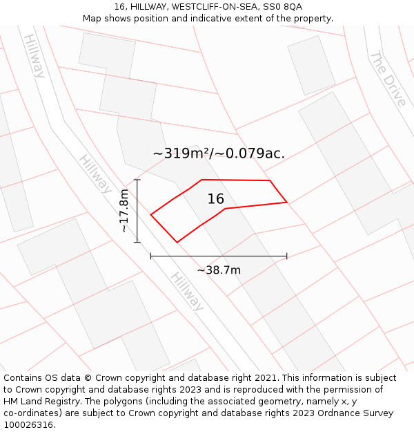 16, HILLWAY, WESTCLIFF-ON-SEA, SS0 8QA: Plot and title map