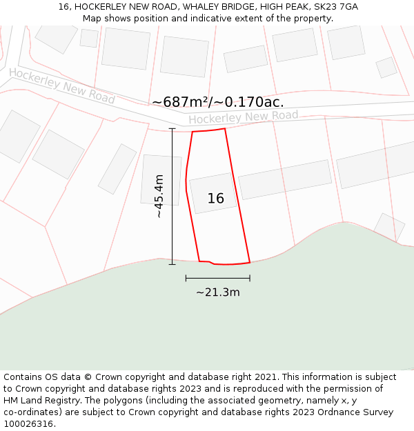 16, HOCKERLEY NEW ROAD, WHALEY BRIDGE, HIGH PEAK, SK23 7GA: Plot and title map