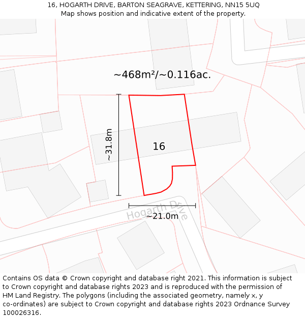 16, HOGARTH DRIVE, BARTON SEAGRAVE, KETTERING, NN15 5UQ: Plot and title map