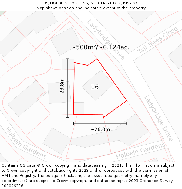 16, HOLBEIN GARDENS, NORTHAMPTON, NN4 9XT: Plot and title map