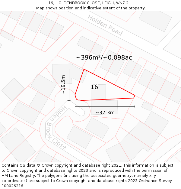 16, HOLDENBROOK CLOSE, LEIGH, WN7 2HL: Plot and title map