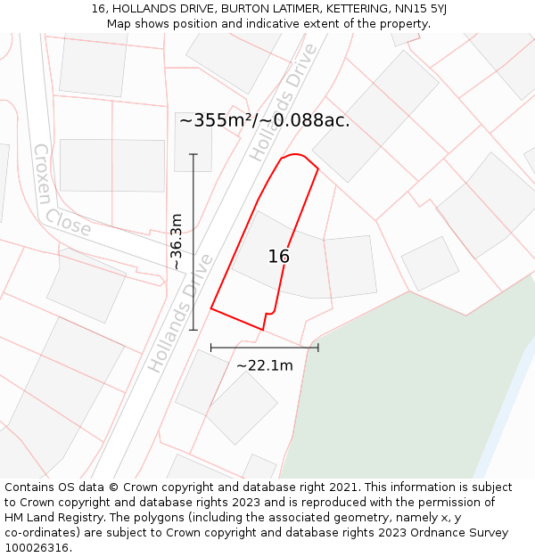 16, HOLLANDS DRIVE, BURTON LATIMER, KETTERING, NN15 5YJ: Plot and title map