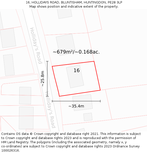 16, HOLLIDAYS ROAD, BLUNTISHAM, HUNTINGDON, PE28 3LP: Plot and title map