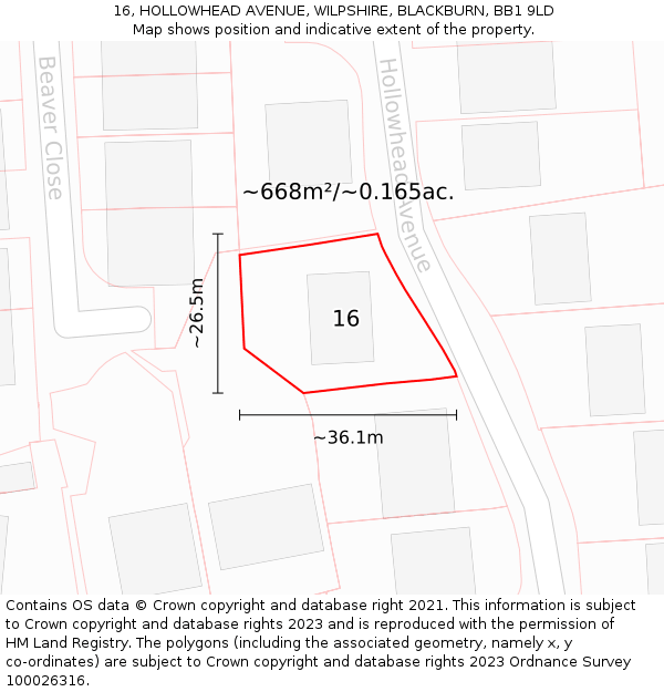 16, HOLLOWHEAD AVENUE, WILPSHIRE, BLACKBURN, BB1 9LD: Plot and title map