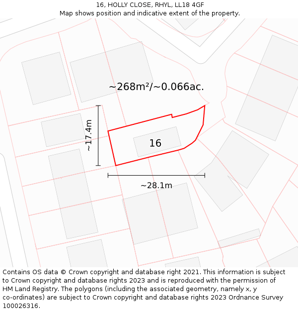 16, HOLLY CLOSE, RHYL, LL18 4GF: Plot and title map