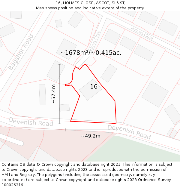 16, HOLMES CLOSE, ASCOT, SL5 9TJ: Plot and title map