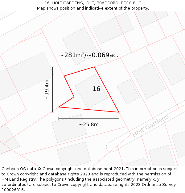 16, HOLT GARDENS, IDLE, BRADFORD, BD10 8UG: Plot and title map