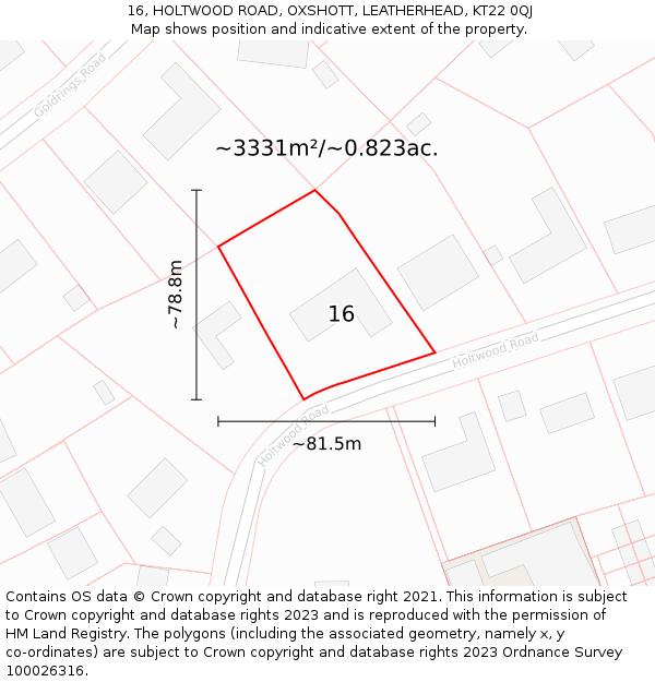 16, HOLTWOOD ROAD, OXSHOTT, LEATHERHEAD, KT22 0QJ: Plot and title map