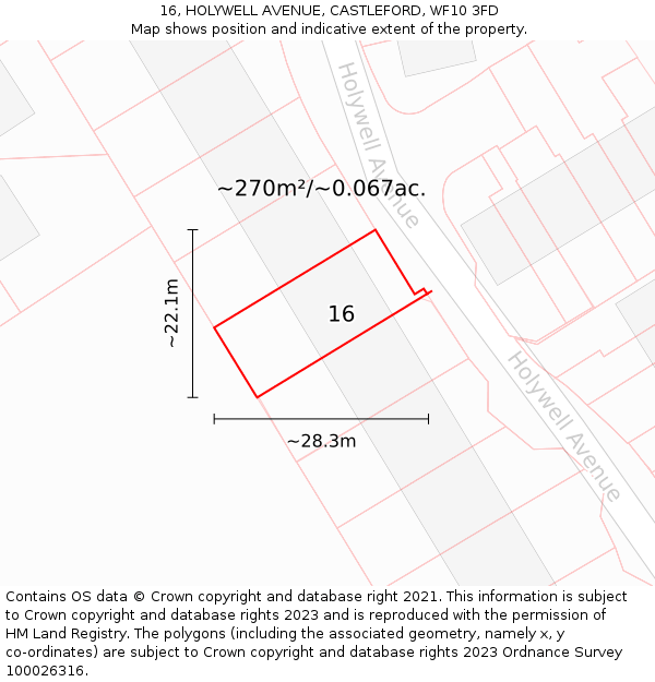 16, HOLYWELL AVENUE, CASTLEFORD, WF10 3FD: Plot and title map