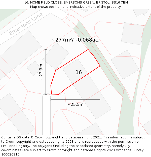 16, HOME FIELD CLOSE, EMERSONS GREEN, BRISTOL, BS16 7BH: Plot and title map