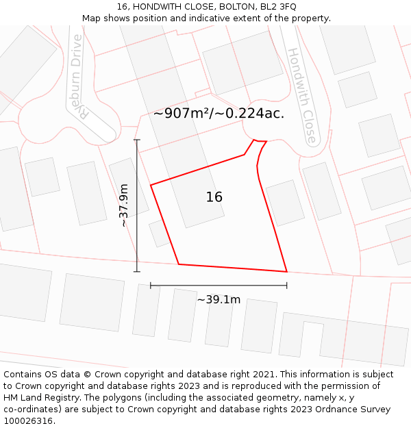 16, HONDWITH CLOSE, BOLTON, BL2 3FQ: Plot and title map