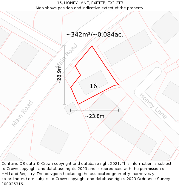 16, HONEY LANE, EXETER, EX1 3TB: Plot and title map