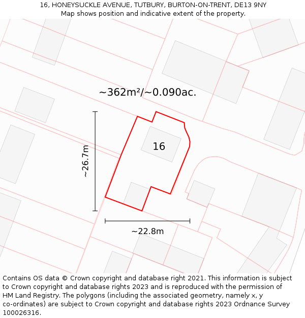 16, HONEYSUCKLE AVENUE, TUTBURY, BURTON-ON-TRENT, DE13 9NY: Plot and title map