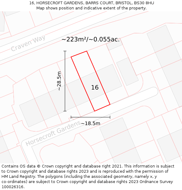 16, HORSECROFT GARDENS, BARRS COURT, BRISTOL, BS30 8HU: Plot and title map