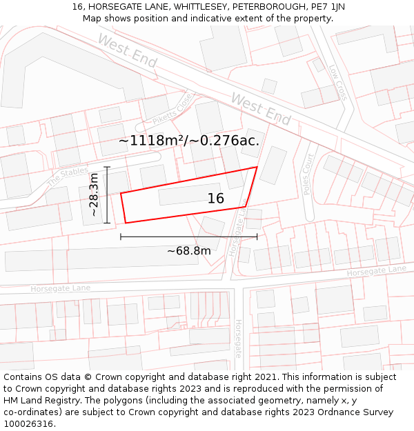 16, HORSEGATE LANE, WHITTLESEY, PETERBOROUGH, PE7 1JN: Plot and title map