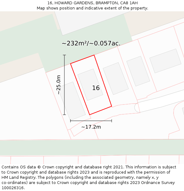 16, HOWARD GARDENS, BRAMPTON, CA8 1AH: Plot and title map