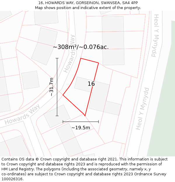 16, HOWARDS WAY, GORSEINON, SWANSEA, SA4 4PP: Plot and title map