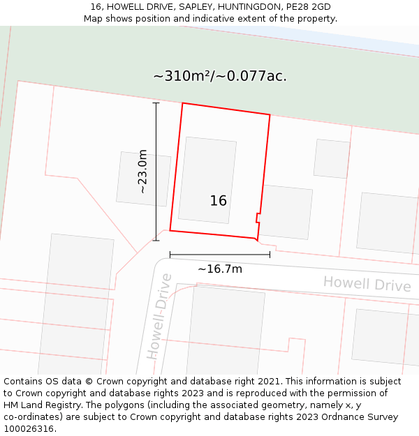 16, HOWELL DRIVE, SAPLEY, HUNTINGDON, PE28 2GD: Plot and title map