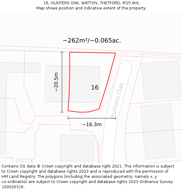 16, HUNTERS OAK, WATTON, THETFORD, IP25 6HL: Plot and title map