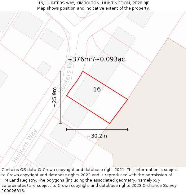 16, HUNTERS WAY, KIMBOLTON, HUNTINGDON, PE28 0JF: Plot and title map